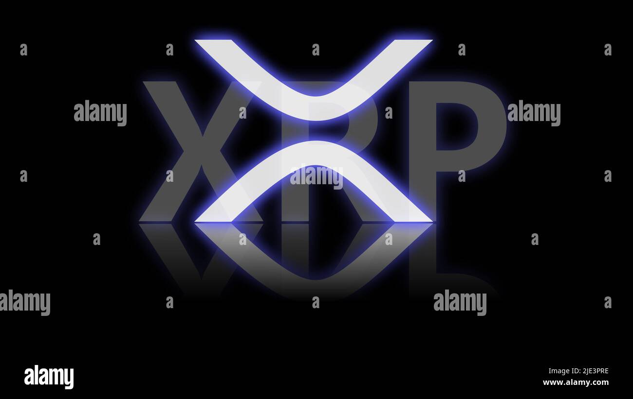 xrp crypto neon logo on blackk background. xrp ledger logo on black background with its reflection, cryptocurrency logo Stock Photo