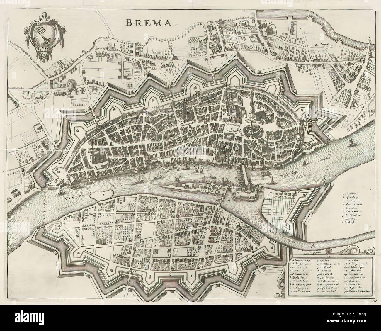 Map of Bremen, Brema (title on object), print maker: anonymous, publisher: Frederik de Wit, (possibly), publisher: Pieter van der Aa (I), (possibly), publisher: Amsterdam, publisher: Leiden, 1657 and/or 1690 - 1728, paper, engraving, etching, height 408 mm × width 515 mm Stock Photo