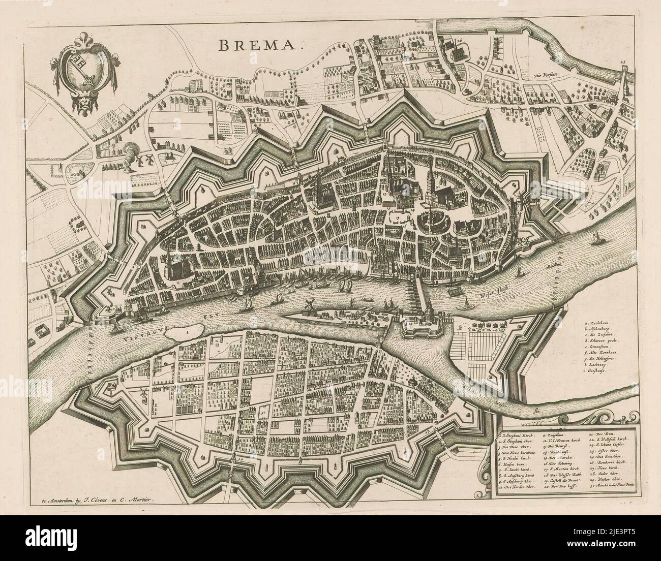Map of Bremen, Brema (title on object), print maker: anonymous, publisher: Covens & Mortier, (mentioned on object), Amsterdam, 1657 and/or 1728 - 1774, paper, engraving, etching, height 399 mm × width 506 mm Stock Photo