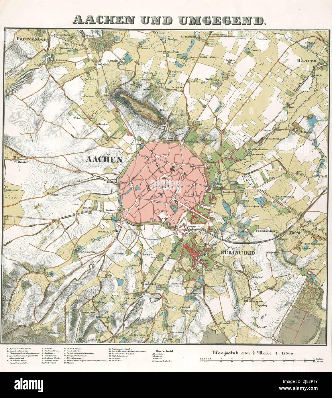 Map of Aachen and surroundings, Aachen und umgegend (title on object), print maker anonymous