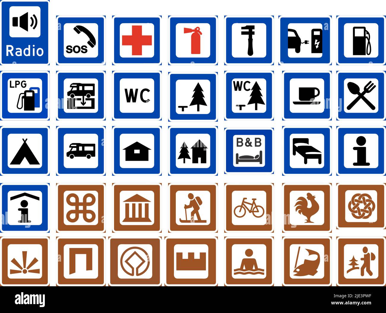 Service signs, Road signs in Norway are regulated by the Norwegian Public Roads Administration, Statens vegvesen. Stock Vector