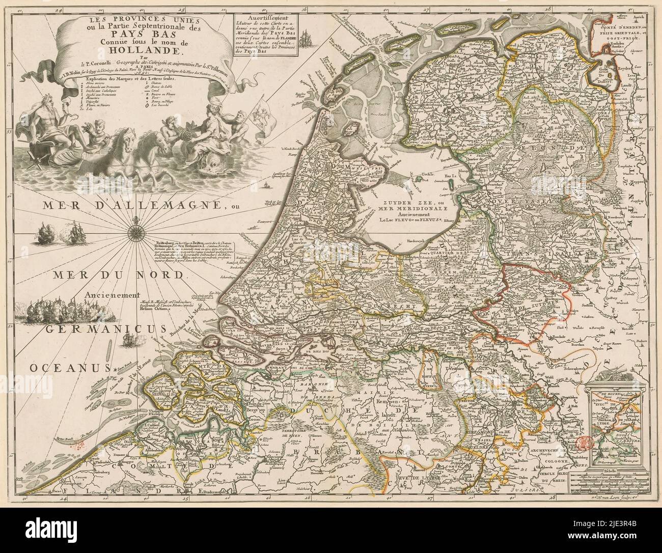 Map of the Republic of the Seven United Netherlands, Les Provinces Unies ou la partie septentrionale des Pays Bas connue sous le nom de Hollande (title on object), French map of the Republic. Top left cartouche with title, below legend and a mythological representation with Neptune, a female figure (possibly Salacia) and three tritons. Next to title cartouche a cartouche with advertisement for a map of the Southern Netherlands by the same publisher. Bottom right cartouche with an inset of part of present-day Limburg (part that belonged to State Brabant at the time). Underneath scale bar Stock Photo