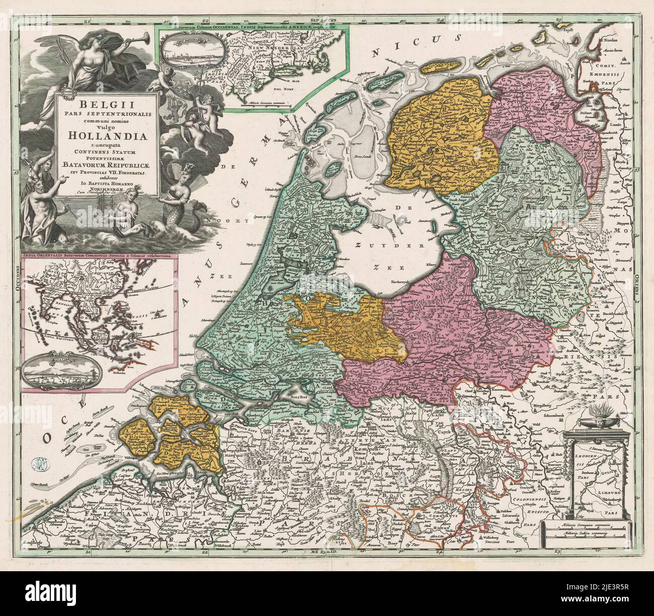Map of the Republic of the Seven United Netherlands, Belgii pars septentrionalis communi nomine vulgo Hollandia (...) (title on object), Top left cartouche with title, around which are depicted several figures, including: Neptune, Fama, three putti bearing the coat of arms of the Republic and two mermaids. To the right of the title cartouche an inset map of New Netherland and an oval cityscape of New Amsterdam, accompanying scale stick: Milliaria Germanica communia. Below the title cartouche an inset map of the East Indies and an oval cityscape of Batavia. Bottom right an inset map of part of Stock Photo