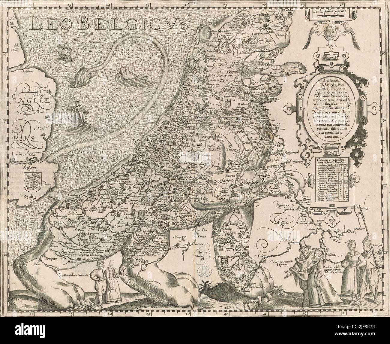 Map of the Seventeen Provinces in the Form of the Dutch Lion, Leo Belgicus (title on object), Map of the Seventeen Provinces in the Form of the Dutch Lion. On the map itself, each province has its corresponding coat of arms. To the right a cartouche with a scale bar at the top: Scala milliar Germa, in the middle an explanation of the map and at the bottom an overview with topographical information about each province. At the bottom of the map three couples are depicted in clothing from different areas and of different standing. Graduations along the edges. On verso Latin text., print maker Stock Photo