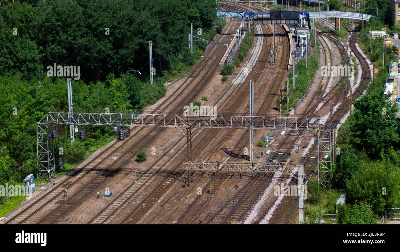 Empty Rails An aerial view of empty rails tracks on day one of the rail strike ...