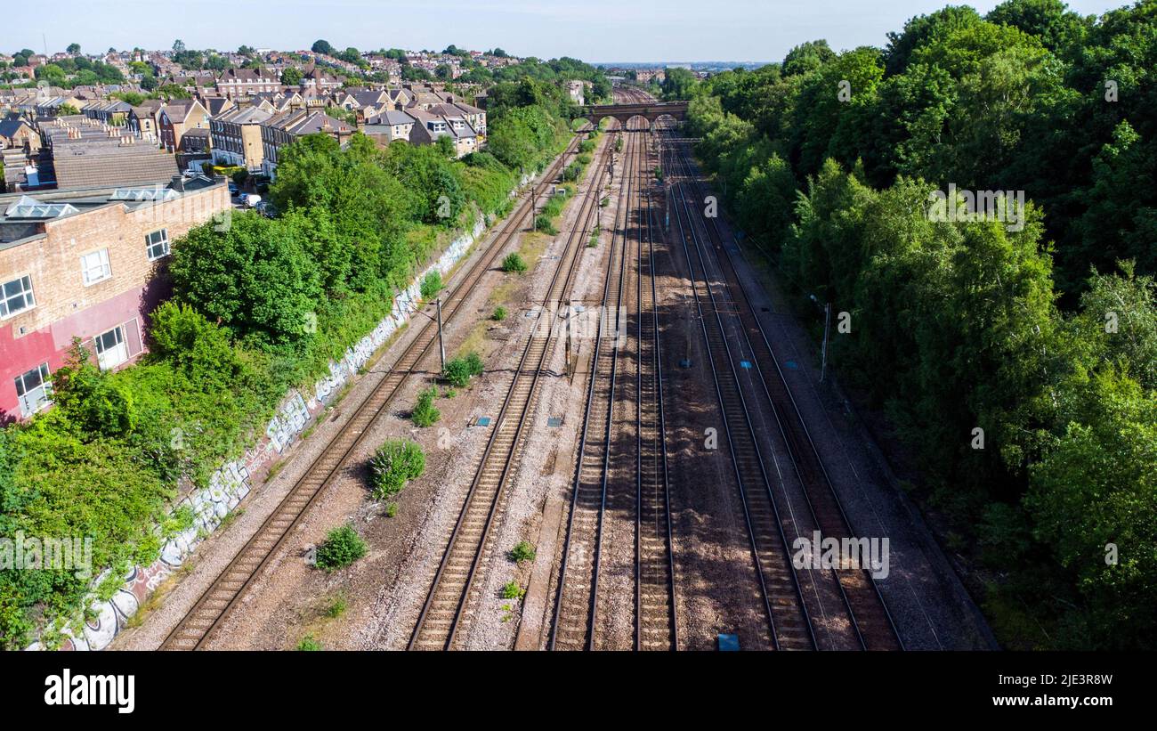 Empty Rails An aerial view of empty rails tracks on day one of the rail strike ...
