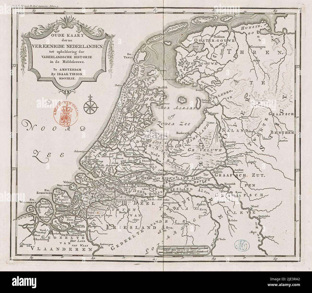 Historical map of Holland in the Middle Ages, Old map of the now united Netherlands to elucidate patriotic history in the Middle Ages (title on object), Eighteenth-century map of Holland in the Middle Ages. Title cartouche to the left. Right scale bar: German mylen of 15 in a degree, Dutch mylen or hours gaans. Degree divisions along edges., print maker: anonymous, publisher: Isaak Tirion, (mentioned on object), Amsterdam, 1749, paper, engraving, height 289 mm × width 329 mm Stock Photo
