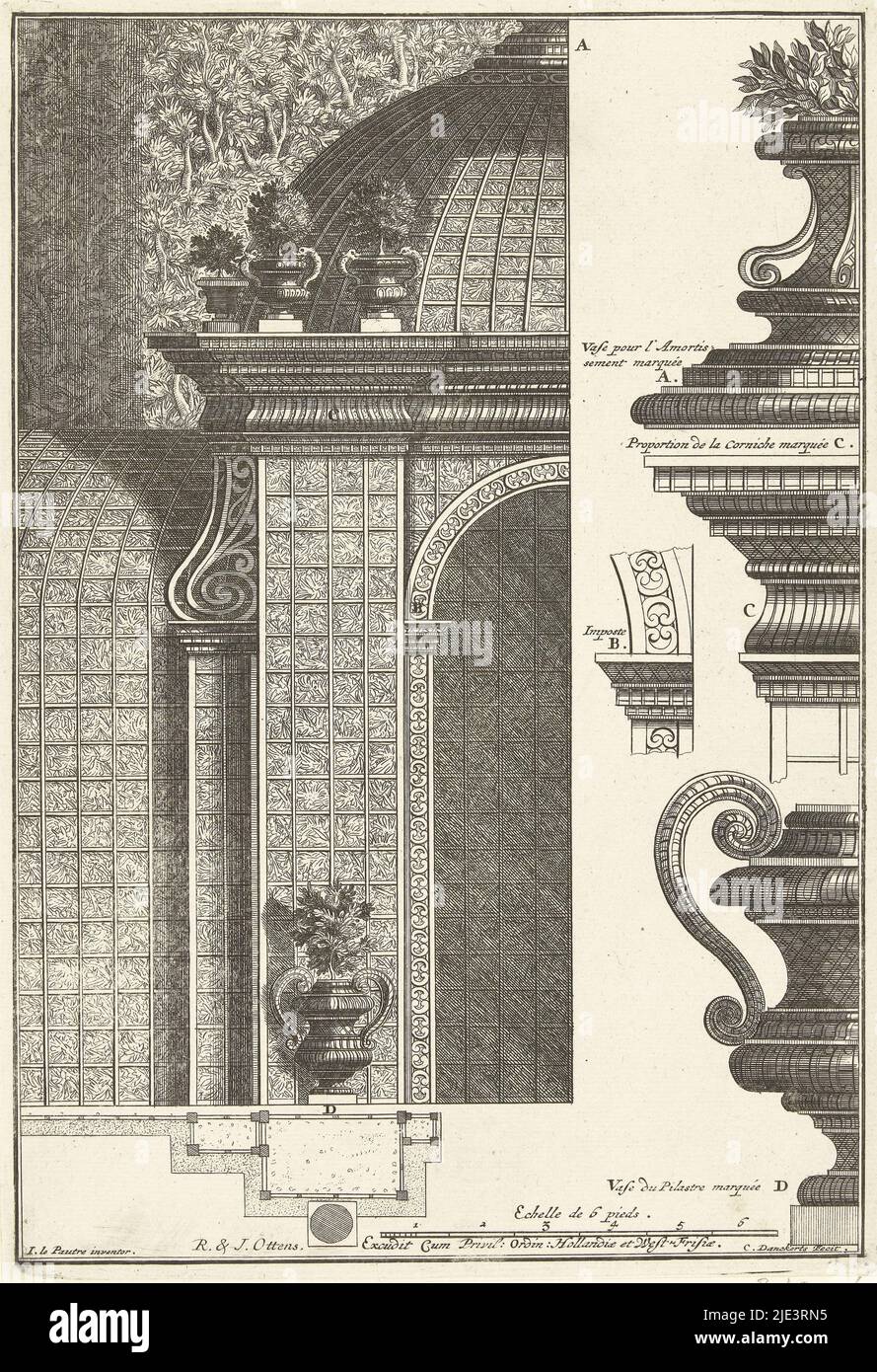 With details of the crown element, two half vases, a cornice and an impost. From series of 6 sheets, later edition than the series with trellis pavilions published by Justus Danckerts. Second imprint, Half trellis pavilion and details Trellis pavilions (series title), print maker: Cornelis Danckerts (II), (mentioned on object), Pierre Lepautre, (mentioned on object), publisher: Reinier Ottens (I), 1726 - 1750 and/or 1750 - 1765, paper, etching, h 281 mm × w 194 mm Stock Photo