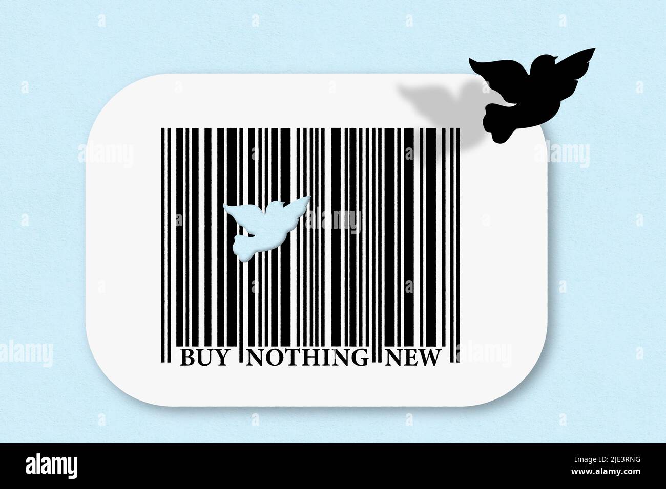 Buy nothing new bar code with freedom dove, buy nothing to help conserve the planets resources concept Stock Photo