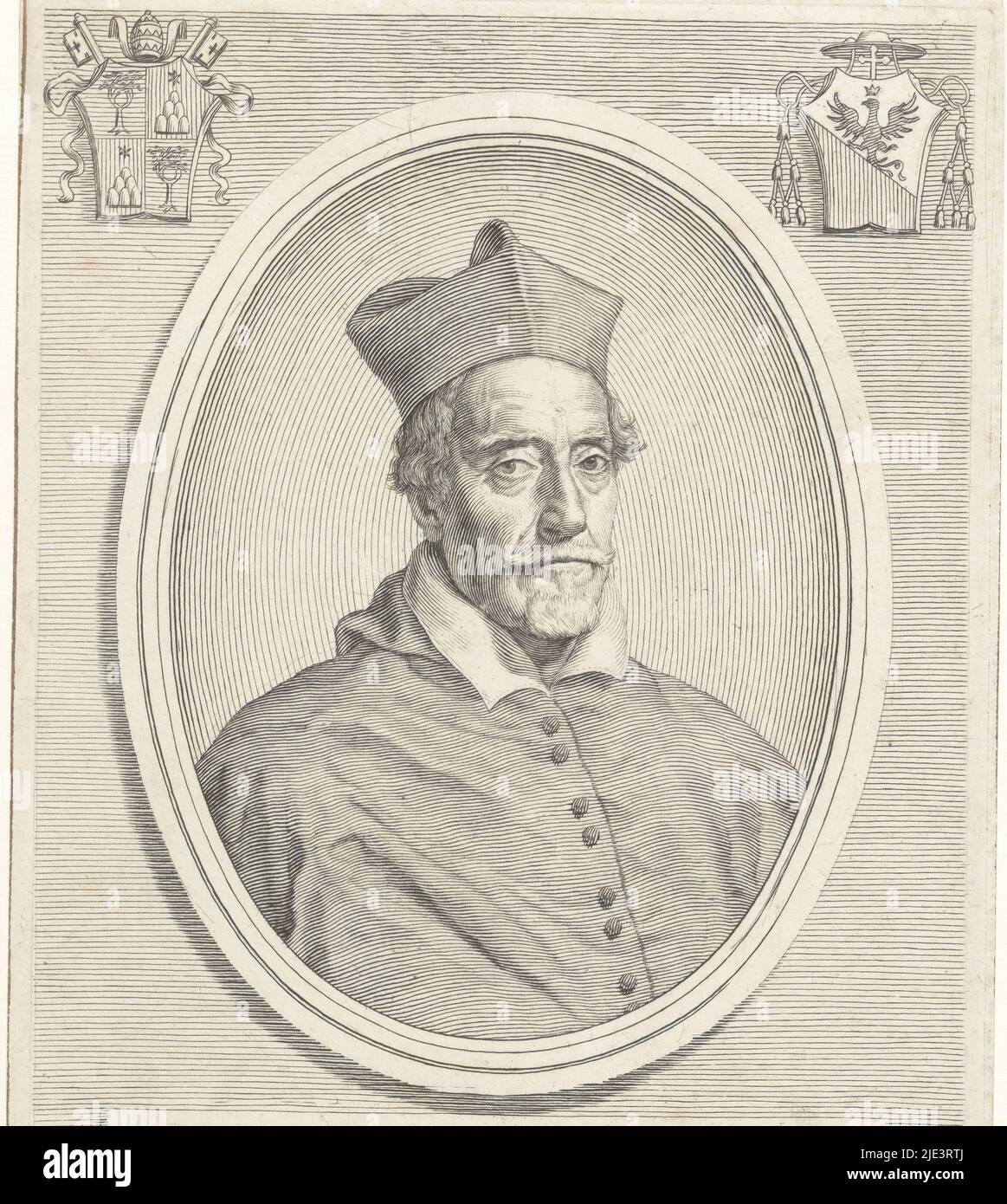 Top left and top right a coat of arms, Portrait of Cardinal Camillo Melzi Portraits of cardinals with two coats of arms  Effigies, print maker: Giuseppe Maria Testana, (mentioned on object), Giuseppe Maria Testana, (mentioned on object), after: Giovanni Maria Morandi, (mentioned on object), print maker: Italy, Italy, after: Italy, publisher: Rome, Vaticaanstad, 1658 - 1679, paper, engraving, h 194 mm - w 142 mm Stock Photo