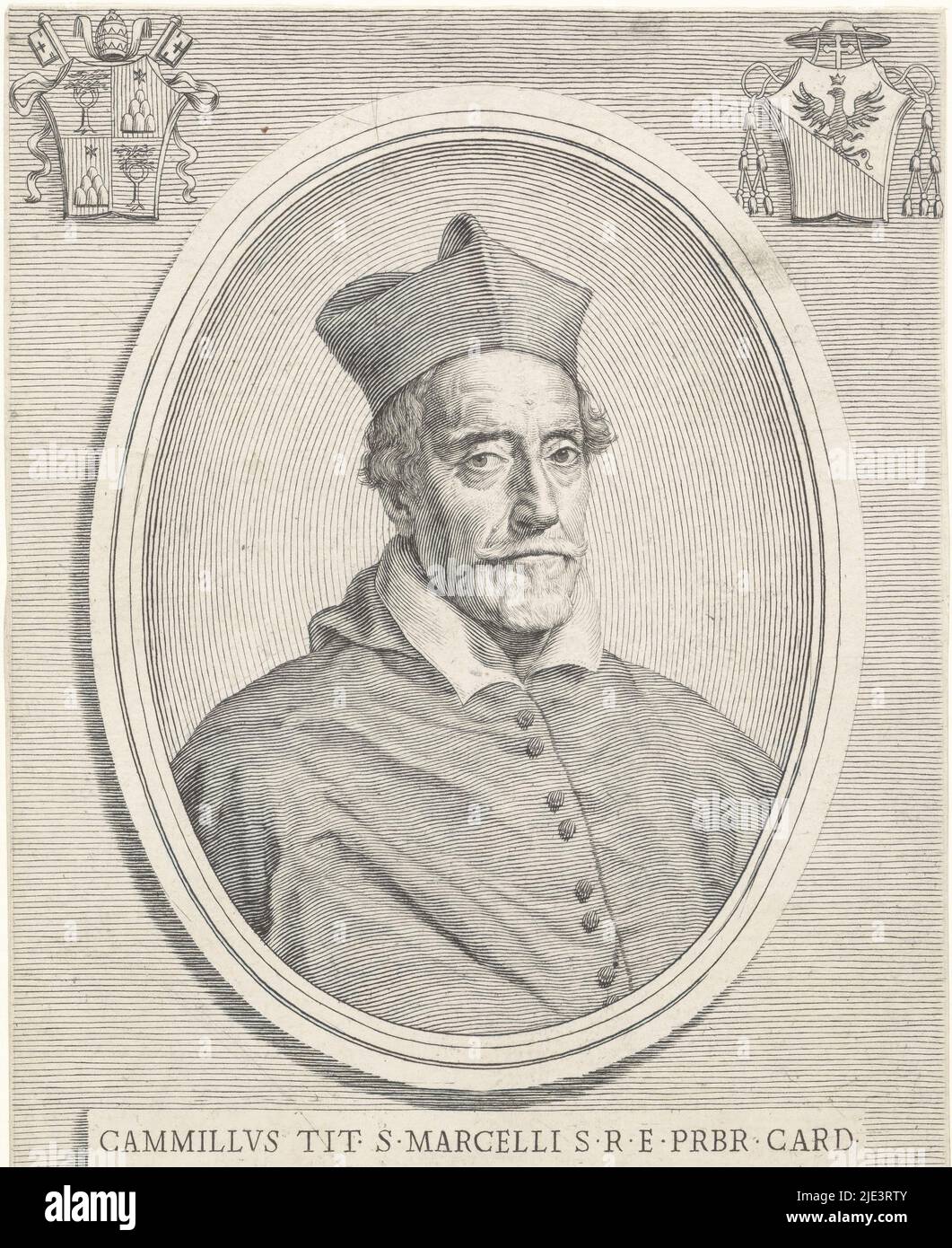 Top left and top right a coat of arms, Portrait of Cardinal Camillo Melzi Portraits of cardinals with two coats of arms  Effigies, print maker: Giuseppe Maria Testana, (mentioned on object), Giuseppe Maria Testana, (mentioned on object), publisher: Giovanni Giacomo de'Rossi, (mentioned on object), print maker: Italy, Italy, publisher: Rome, Vaticaanstad, 1658 - 1679, paper, engraving, h 190 mm - w 137 mm Stock Photo