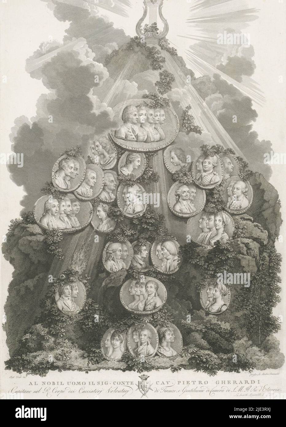 Composition with 24 medallions with portraits of singers and singers, including Giusto Fernando Tenducci, Caffarelli and Faustina Bordoni Commission in lower margin, Singers and singers, intermediary draughtsman: Antonio Fedi, (mentioned on object), print maker: anonymous, printer: Studio Rainaldi, (mentioned on object), Italy, 1781 - 1843, paper, engraving, etching, h 560 mm × w 368 mm Stock Photo