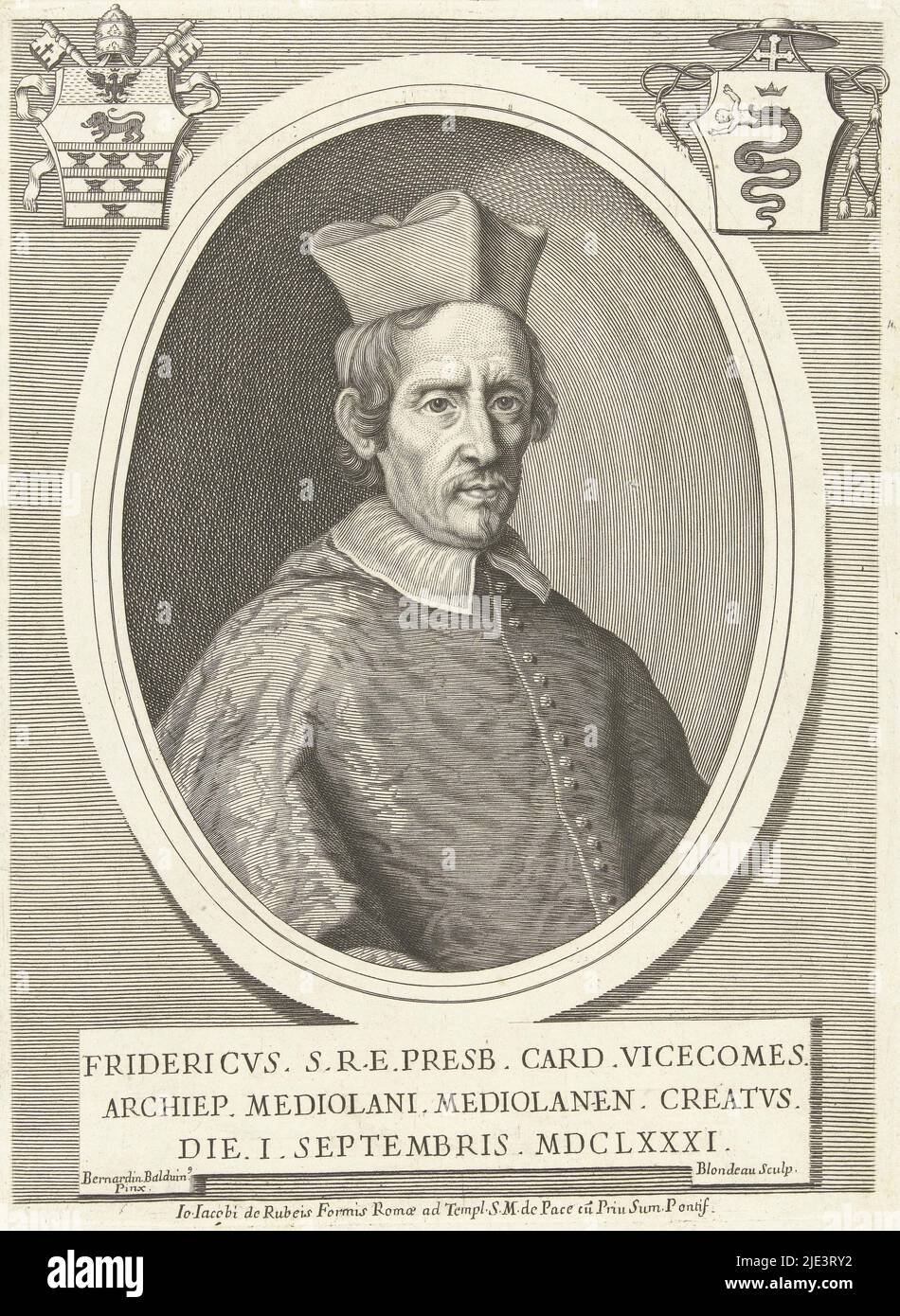 Portrait of Cardinal Federico Visconti Fridericvs SRE presb  die 1 septembris MDCLXXXI, print maker: Jacques Blondeau, (mentioned on object), after: Bernardino Baldi, (mentioned on object), publisher: Giovanni Giacomo de'Rossi, (mentioned on object), print maker: unknown, publisher: Rome, 1681 - 1698, paper, engraving, h 207 mm × w 151 mm Stock Photo