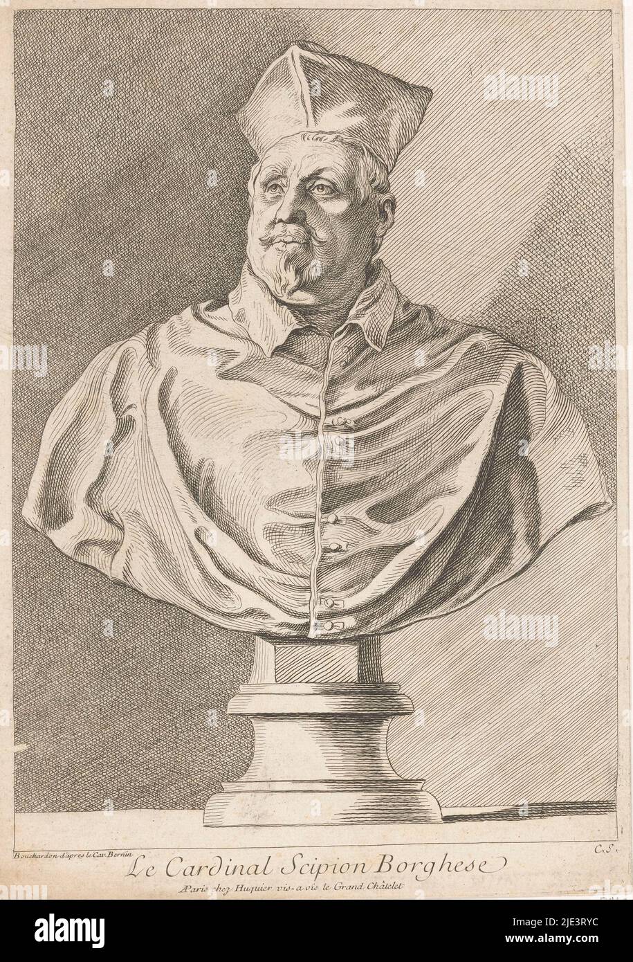 Portrait bust of Cardinal Scipione Borghese, print maker: Anne Claude Philippe Caylus, Giovanni Lorenzo Bernini, (mentioned on object), Edme Bouchardon, (mentioned on object), Paris, 1708 - 1762, paper, etching, h 268 mm × w 189 mm Stock Photo