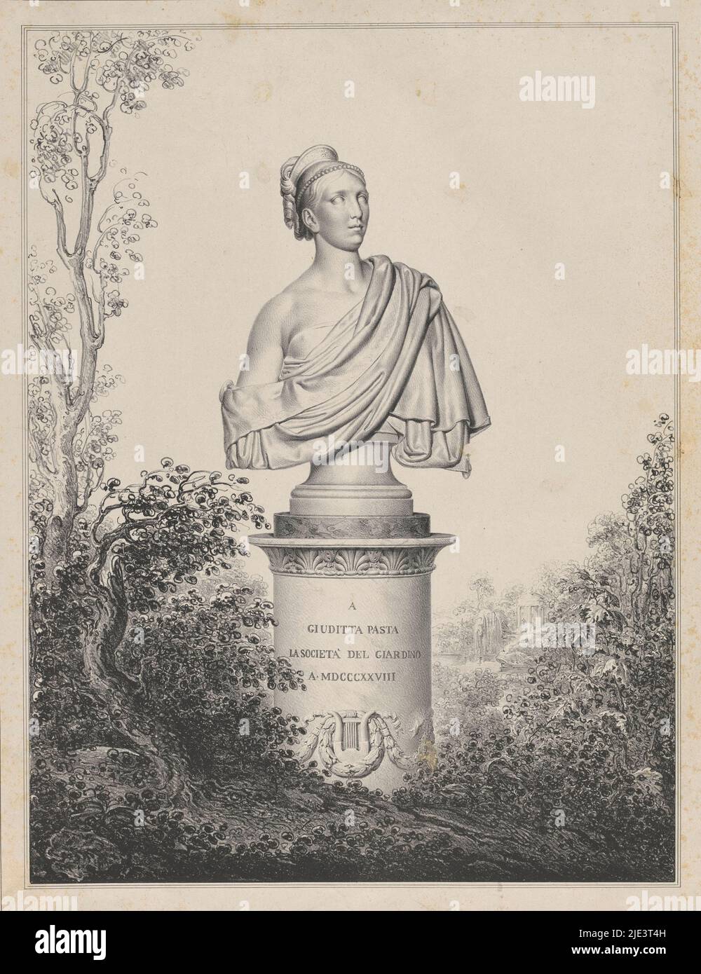Landscape with the tomb for the opera singer Giuditta Pasta The monument consists of a base with a portrait bust of Giuditta Pasta on top, Tomb of opera singer Giuditta Pasta, print maker: Michele Bisi, (mentioned on object), printer: Vassalli, print maker: Italy, printer: Milaan, 1798 - 1874, paper, h 537 mm × w 392 mm Stock Photo