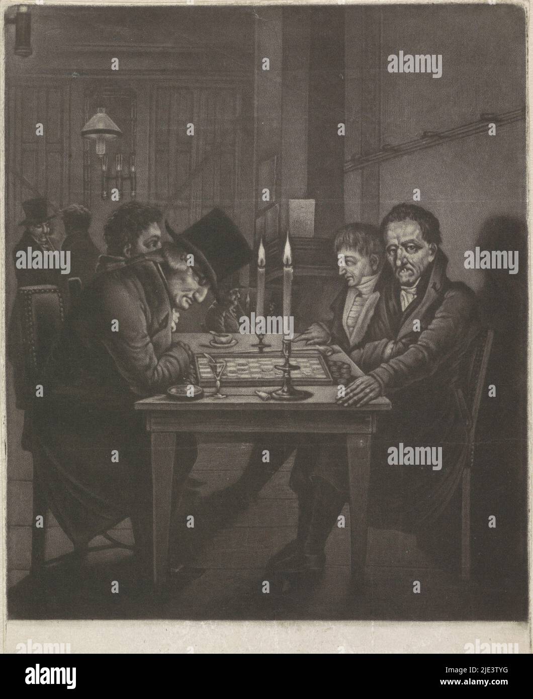 Four men sit at a table, the front two playing at a checkerboard In the coffee room of Felix Meritis in Amsterdam, ca 1800 The player on the left seated bent over the bid would represent the Jewish broker Ephraim van Embden, the player on the right would be the hydraulic engineer Cornelis Zillesen and the third person the checker player JA Jourdani See also the pendant, Draughtsmen in the coffee room of Felix Meritis in Amsterdam, ca 1800 I have Dam, print maker: anonymous, Netherlands, 1800 - 1810, paper, h 245 mm × w 172 mm Stock Photo