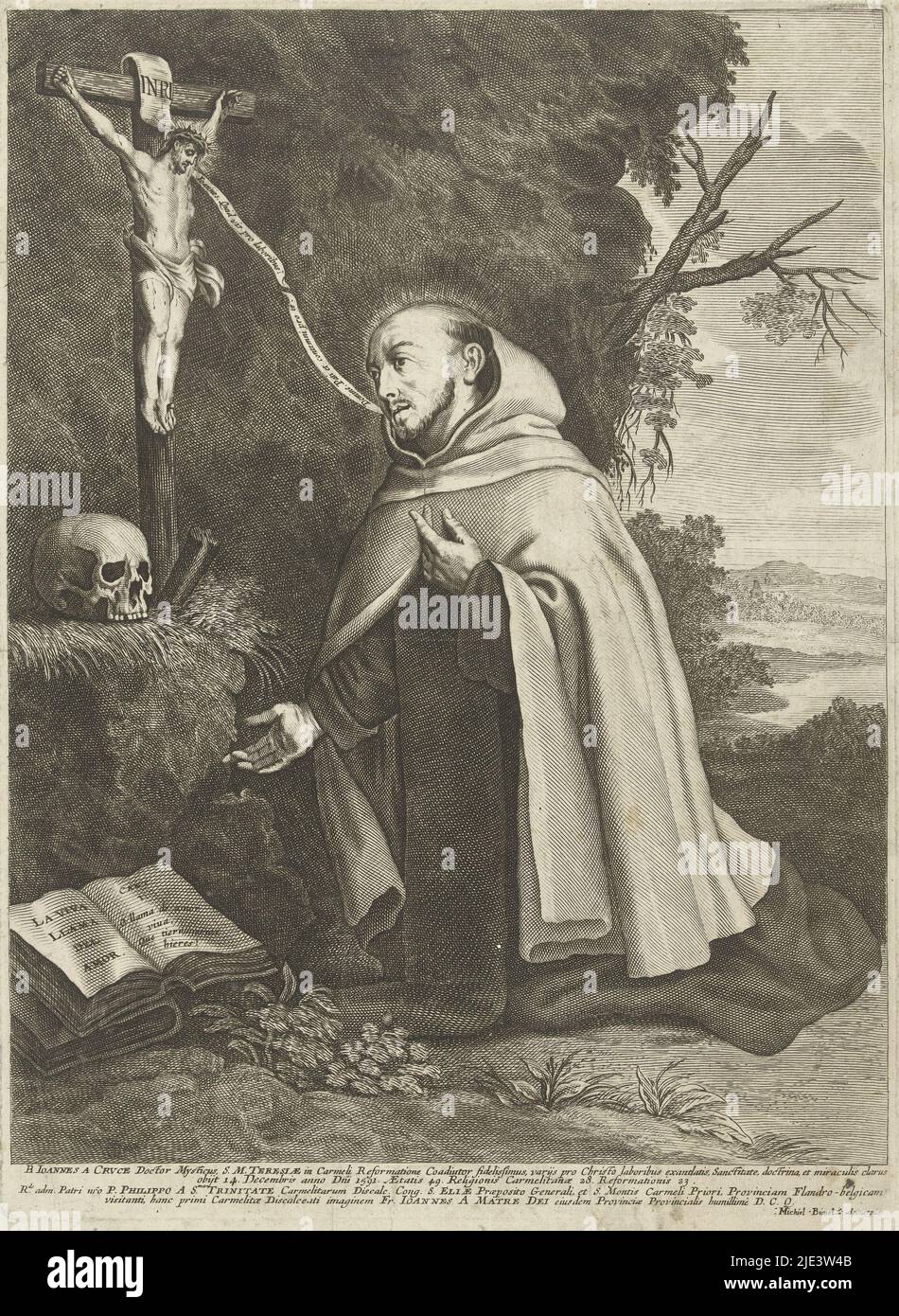 Saint John of the Cross, founder of the Carmelite order In the wilderness, he kneels before a crucifix Both the crucifix and Saint John each possess a banderole with text St John is wearing the robe of his order Below the crucifix is the skull of Adam, symbolizing the washing away of original sin through the death of Christ Next to Saint John lie two books The first book, unfolded, contains the title of one of his mystical works, 'LLama del Amor The print has a Latin caption, Saint John of the Cross, print maker: Michel Bunel, (possibly), print maker: anonymous, (possibly), publisher: Michel Stock Photo