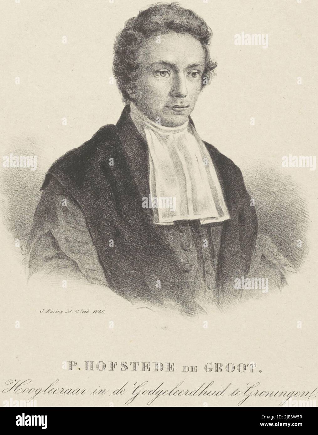 The person portrayed is seated turned to the right He wears a toga and a bef Beneath the portrait his name and occupation, Portrait of P Hofstede de Groot, print maker: Jan Ensing, (mentioned on object), Jan Ensing, (mentioned on object), Groningen, 1829 - 1894, paper, h 495 mm - w 355 mm Stock Photo