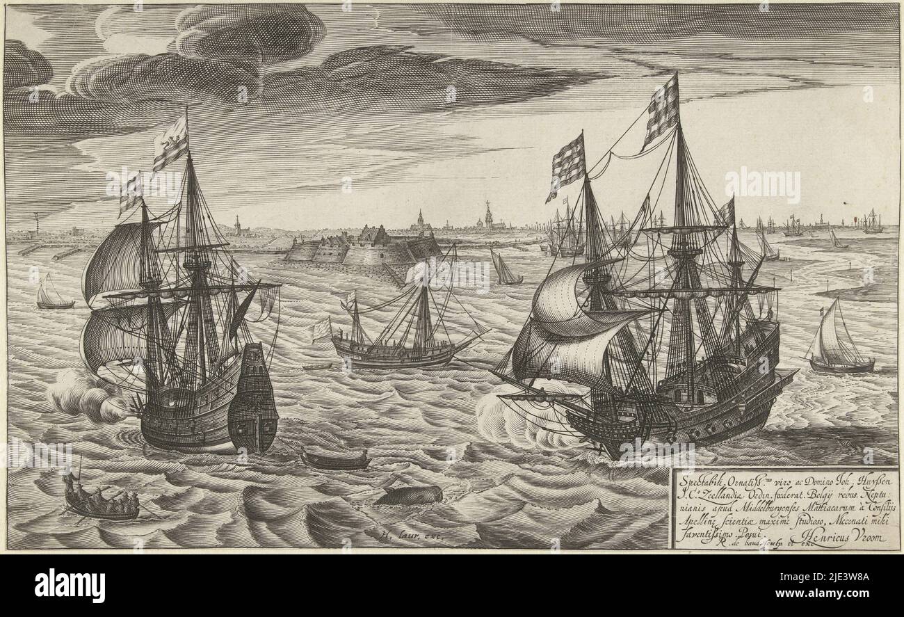 Seafaring fleet with view of the fort at Rammekens, with Middelburg and Veere in the background, Navy with view of the fort at Rammekens, print maker: Robert de Baudous, (mentioned on object), Hendrik Cornelisz. Vroom, (mentioned on object), publisher: Hendrick Laurensz, (mentioned on object), Northern Netherlands, 1591 - 1659, paper, engraving, h 203 mm × w 332 mm Stock Photo