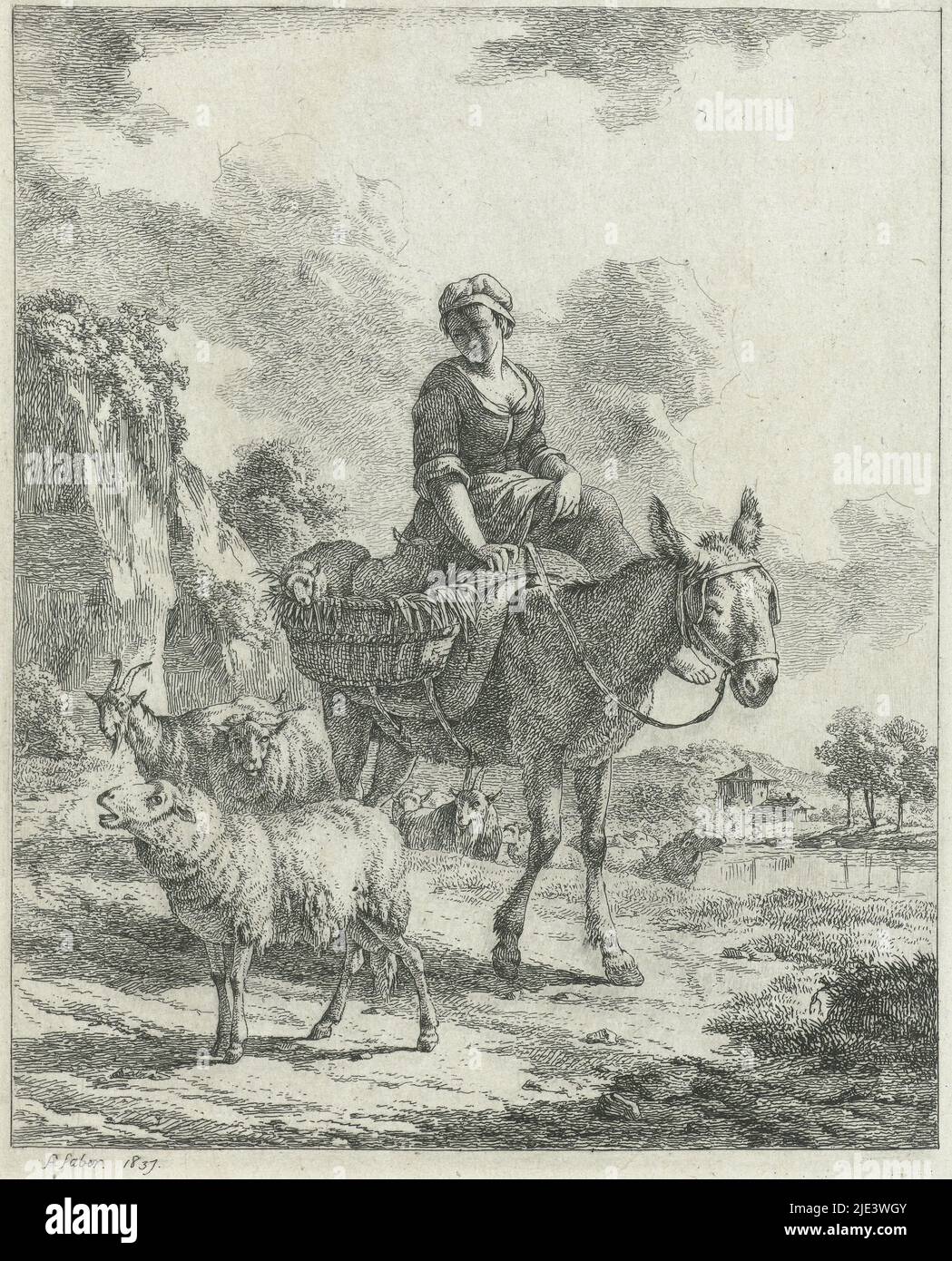 Shepherdess sitting on donkey amidst flock, Frédéric Théodore Faber, 1837, print maker: Frédéric Théodore Faber, (mentioned on object), Brussels, 1837 Stock Photo