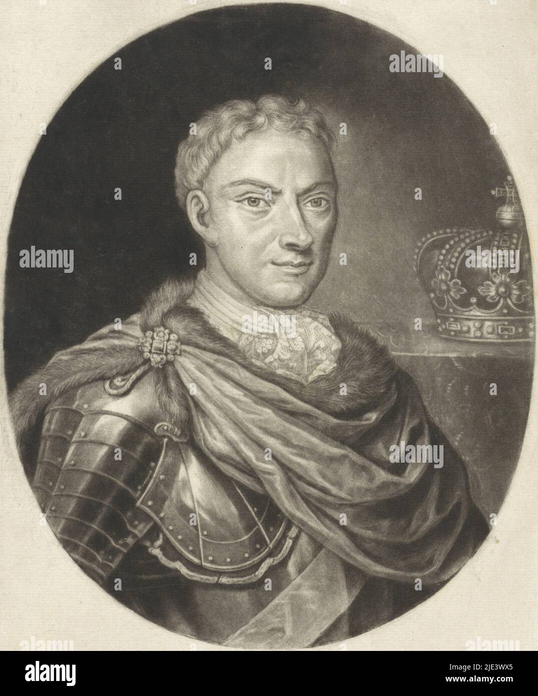 Portrait of Augustus II, King of Poland, Jacob Gole, 1694 - 1724, Augustus II, Elector of Saxony and King of Poland, nicknamed 'The Strong One. In Saxony he was called Frederick August I. He wears armor, beside him the king's crown., print maker: Jacob Gole, (mentioned on object), publisher: Jacob Gole, (mentioned on object), Amsterdam, 1694 - 1724, paper, engraving, h 266 mm × w 178 mm Stock Photo