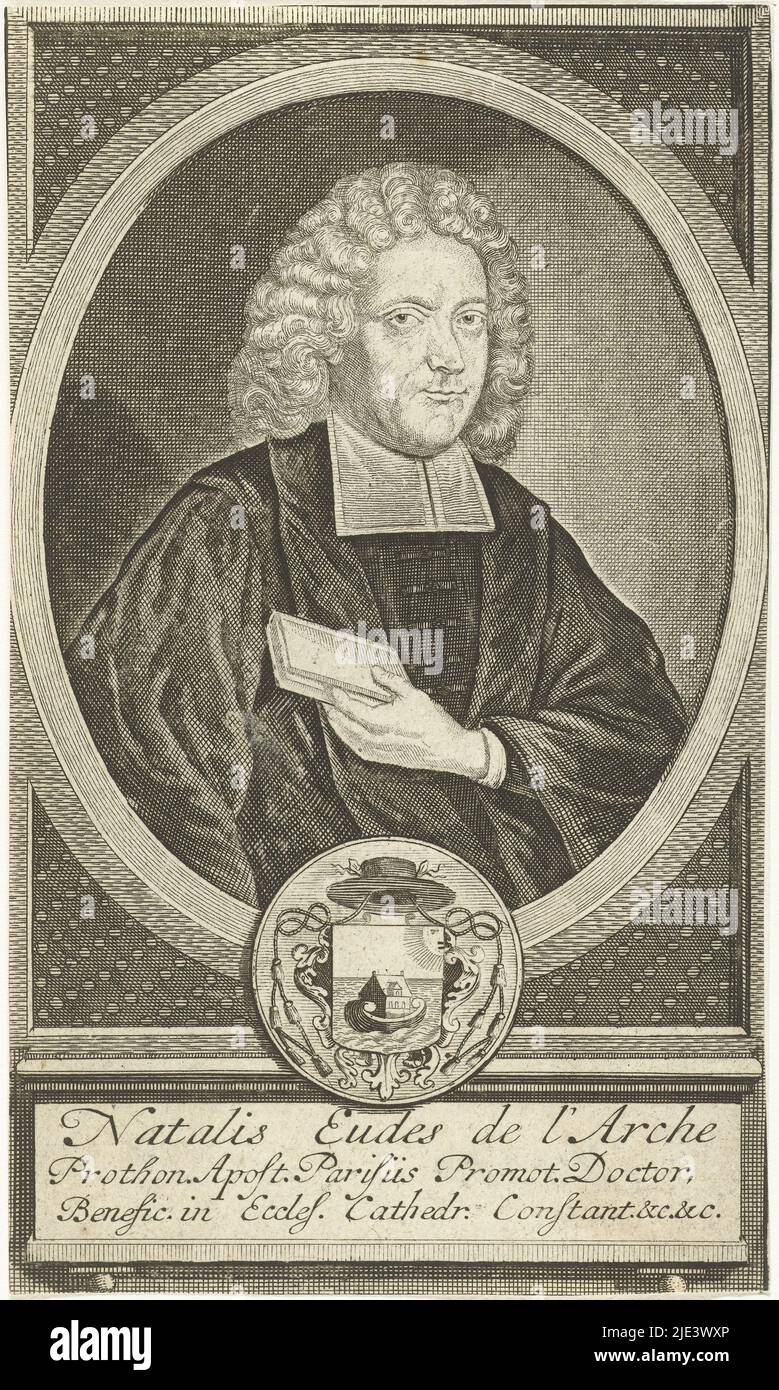 Portrait of Natalis Eudes de l'Arche, Reynier Blokhuysen, 1673 - 1744, Portrait of Natalis Eudes de l'Arche in oval frame with his coat of arms and title on a console., print maker: Reynier Blokhuysen,, Netherlands, 1673 - 1744, paper, etching, h 146 mm × w 85 mm Stock Photo