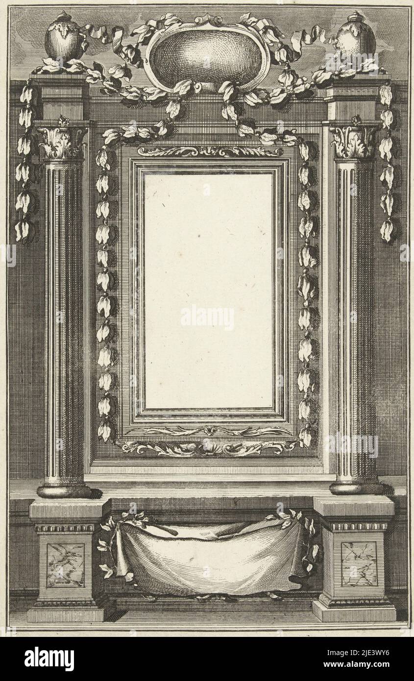 Framing, Gaspar Bouttats, 1650 - 1695, Framing of a rectangular portrait. The portrait frame is decorated with leaves. Two Corinthian columns flank the frame., print maker: Gaspar Bouttats,, Antwerp, 1650 - 1695, paper, etching, h 311 mm × w 207 mm Stock Photo