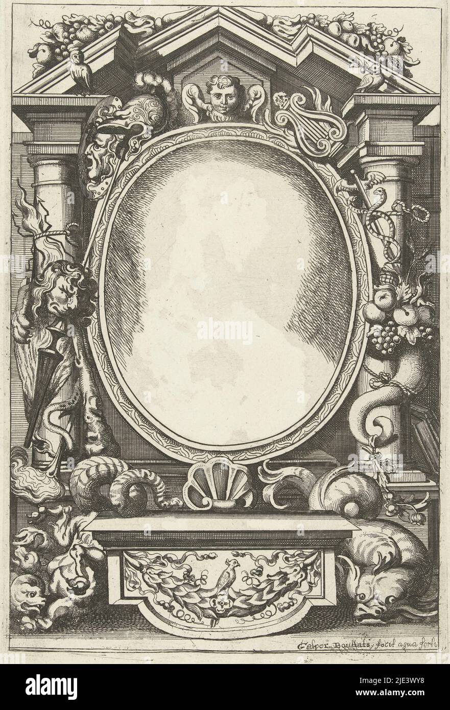 Framing, Gaspar Bouttats, 1650 - 1695, Framing of a Portrait in oval frame. On the left the attributes of Hercules (club, lion's skin), on the right the attributes of peace (Cornucopea, caduceus), print maker: Gaspar Bouttats, (mentioned on object), Antwerp, 1650 - 1695, paper, etching, h 264 mm × w 174 mm Stock Photo