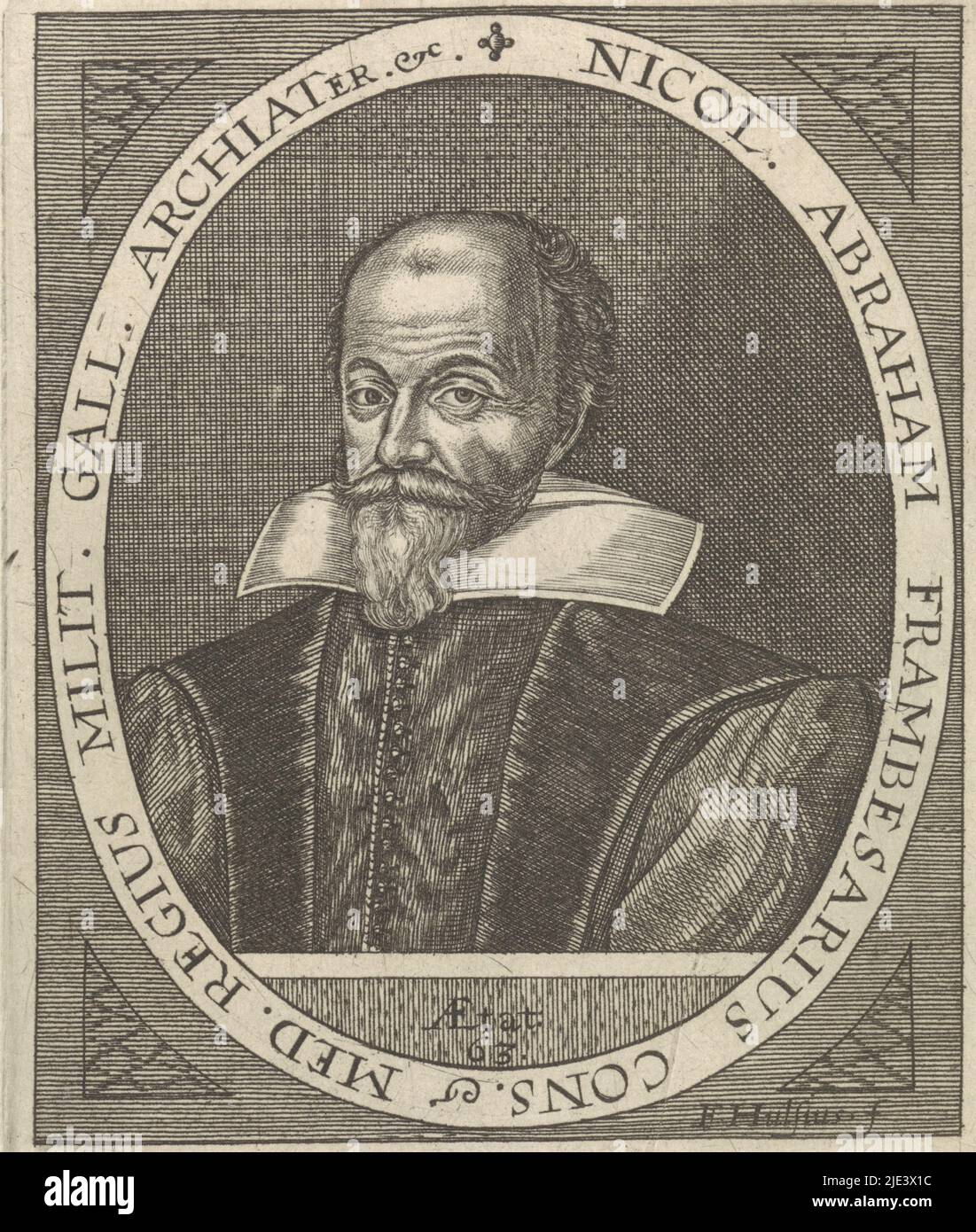 Portrait of Nicolas Abraham de La Framboisière, Friedrich van Hulsen, 1590 - 1665, Bust of Nicolas Abraham de La Framboisière, turned slightly to the left, in an oval with margin lettering in Latin. Below four lines of text in Latin., print maker: Friedrich van Hulsen, (mentioned on object), Germany, 1590 - 1665, paper, engraving, h 150 mm × w 104 mm Stock Photo
