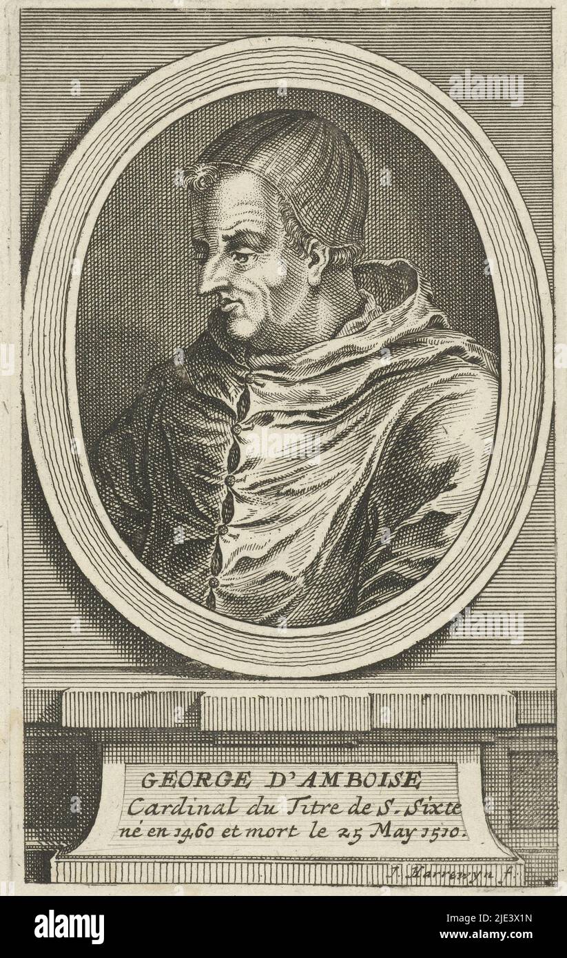 Portrait of Georges d'Amboise, Archbishop of Rouen, Jacobus Harrewijn, 1682 - 1730, Portrait to the left of Georges d'Amboise, Archbishop of Rouen in an oval. Below the portrait three lines in French., print maker: Jacobus Harrewijn, (mentioned on object), Low Countries, 1682 - 1730, paper, etching, engraving, h 135 mm × w 84 mm Stock Photo