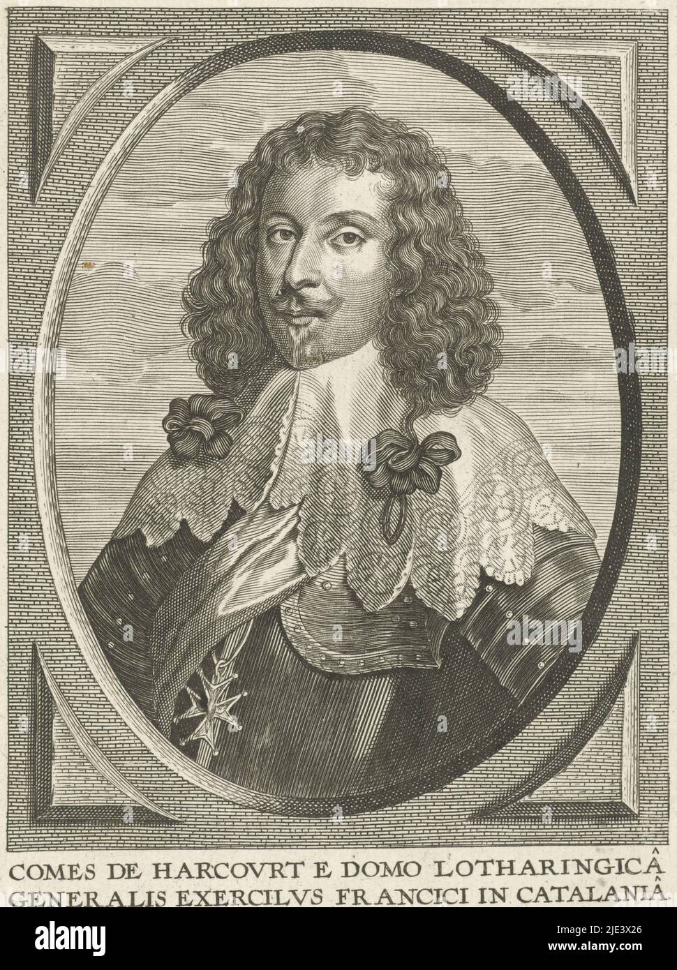 Portrait of Henri de Lorraine, Pieter de Jode (II), 1628 - 1670, Bust portrait of Henri de Lorraine, Count of Harcourt, in armor. He wears a pendant bearing the Order of the Holy Ghost. The portrait is framed in an oval frame with square border work. In the margin a two-line caption in Latin., publisher: Pieter de Jode (II), (mentioned on object), print maker: anonymous, Antwerp, 1628 - 1670, paper, engraving, h 172 mm × w 125 mm Stock Photo