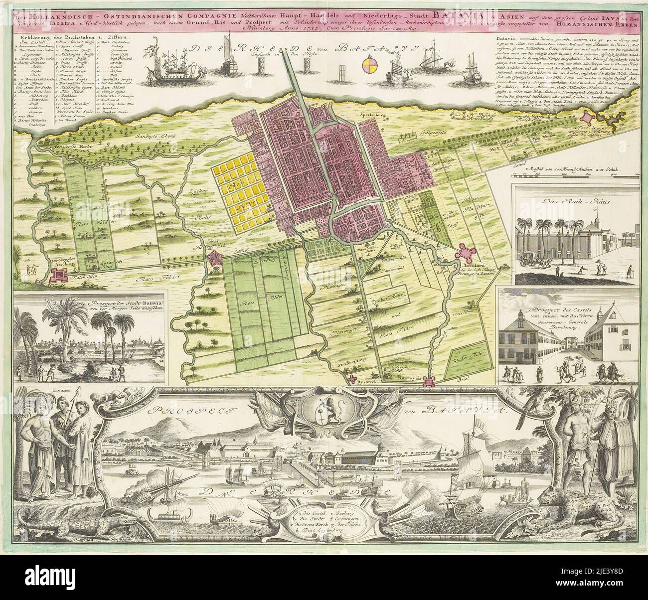 Map of and view of Batavia, anonymous, 1733, Above a map of Batavia. Below a view of Batavia, with a Dutch lion at the top bearing the coat of arms of Batavia and figures on the left and right depicting the original inhabitants of Java. Along the right edge a view of the Castle and Town Hall of Batavia., print maker: anonymous, publisher: erven Johann Baptista Homann, (mentioned on object), unknown, (mentioned on object), Neurenberg, 1733, paper, etching, engraving, h 472 mm - w 557 mm Stock Photo