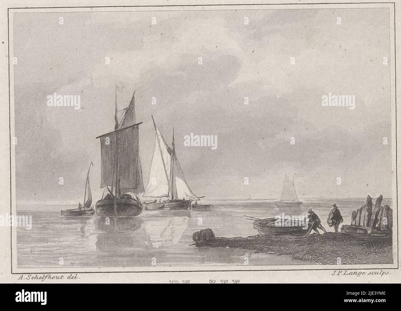 Seascape with sailing ships, Johannes Philippus Lange, after Andreas Schelfhout, 1820 - 1849, Seascape with sailing ships,. On the right, a figure pushes a rowboat from the beach into the water., print maker: Johannes Philippus Lange, (mentioned on object), intermediary draughtsman: Andreas Schelfhout, (mentioned on object), 1820 - 1849, paper, steel engraving, h 123 mm - w 137 mm Stock Photo