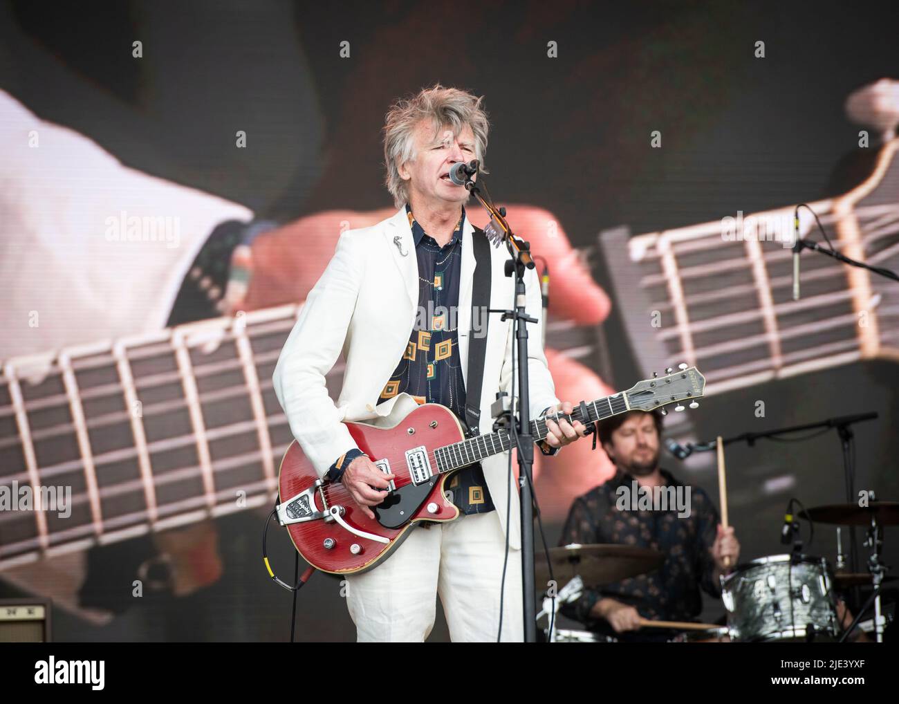 Glastonbury, UK. 24th June 2022. Neil Finn from Crowded House performs on the Pyramid Stage at Glastonbury Festival, at Worthy Farm in Somerset. Picture date: Friday June 24, 2022. Photo credit should read: David Jensen/Empics/Alamy Live News Stock Photo