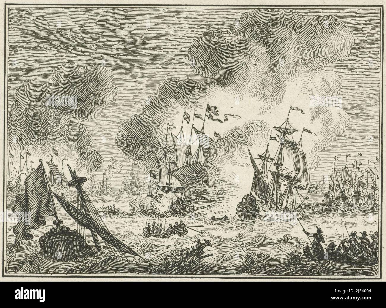 Sea battle with sinking ships, Simon Fokke, 1722 - 1784, Representation from the national history. View of a sea battle with a sinking sailing ship and a rowing boat with crew in the foreground. In the distance are more sailing ships, some of which are on fire and surrounded by clouds of smoke., print maker: Simon Fokke, Amsterdam, 1722 - 1784, paper, etching, h 90 mm × w 109 mm Stock Photo