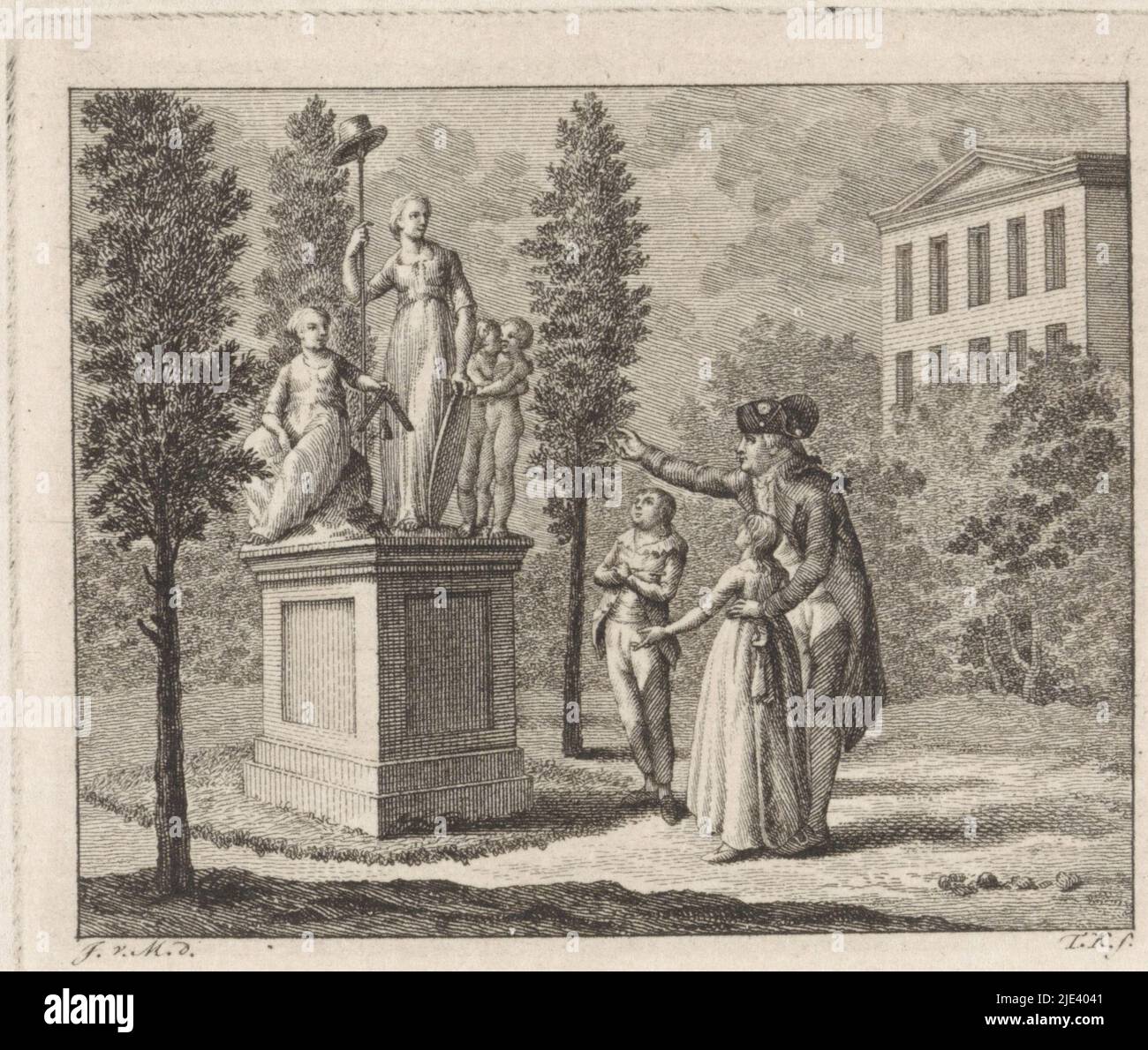 Statue of Liberty, Theodoor Koning, after Jacobus van Meurs, 1758 - 1829, In a park, a man shows a statue of Liberty to a boy and a girl. The statue is on a pied-à-terre., print maker: Theodoor Koning, (mentioned on object), Jacobus van Meurs, (mentioned on object), Amsterdam, 1758 - 1829, paper, etching, h 68 mm × w 81 mm Stock Photo
