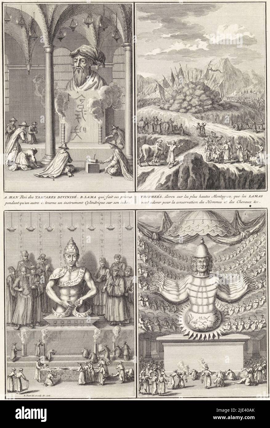 Gods and customs in China and Japan, Bernard Picart (workshop of), after Bernard Picart, 1728, Sheet with four representations of Buddhist gods, Confusius and customs in China. Top left: Image of Han, king of the Tangut people. Before him kneels a lama or priest. Top right: Llamas pray at flags in the mountains. Bottom left: Image and worship of Confusius. Bottom right: The Japanese god Amida., print maker: Bernard Picart, (workshop of), Bernard Picart, (mentioned on object), intermediary draughtsman: Bernard Picart, (mentioned on object), Amsterdam, 1728, paper, etching, engraving, h 340 mm Stock Photo