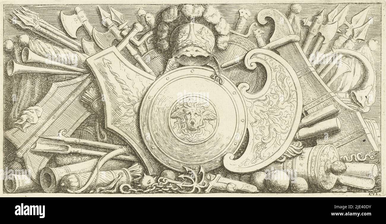 Panel with armorial trophy, Hubert Quellinus, after Artus Quellinus (I), 1719, Sheet CVI. Sheet T [3] in the editions of 1663 &amp; 1668. Sheet from third edition., print maker: Hubert Quellinus, Artus Quellinus (I), publisher: David Mortier, Amsterdam, 1719, paper, etching, h 131 mm × w 257 mm Stock Photo