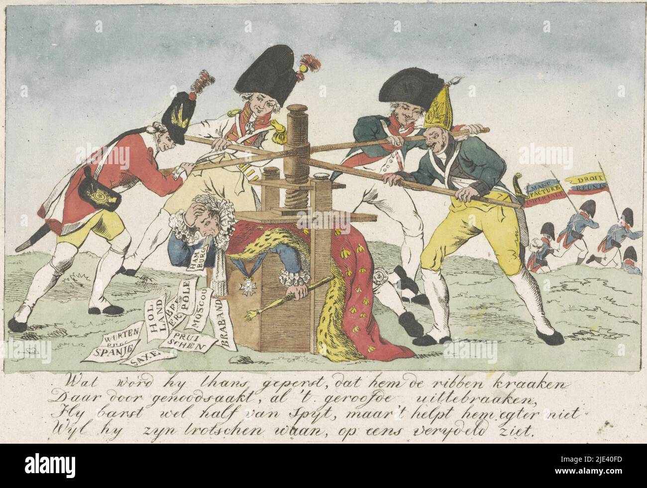 Napoleon in the Press, 1813, anonymous, 1813, Cartoon on the fall of  Napoleon in 1813 and the loss of conquered lands, 1813. The emperor in  emperor's robe lies in a large printing
