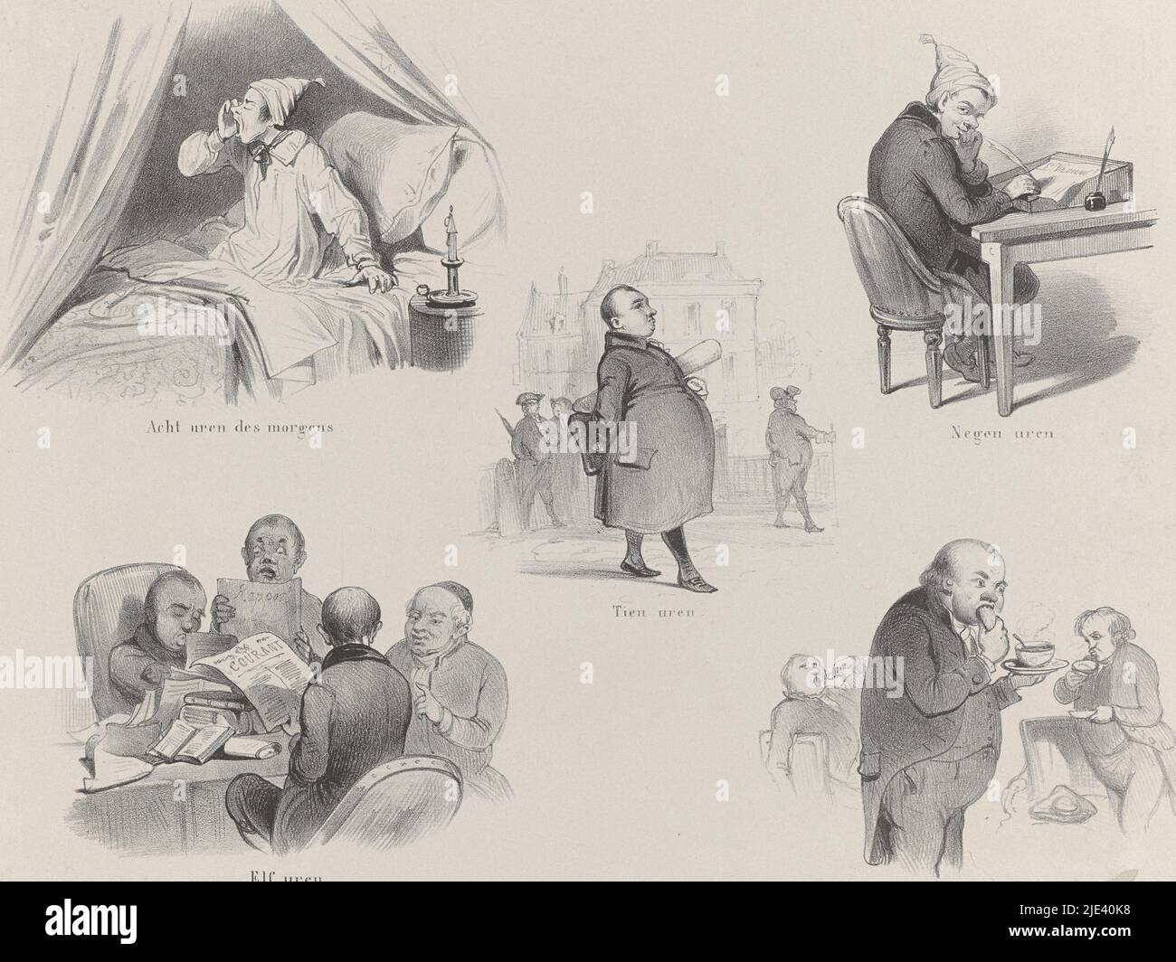 Work of the delegates in the morning at the synod, 1849, anonymous, 1849, Cartoon on the work of the delegates at the synod between eight in the morning and one in the afternoon. Sleeping out, corresponding, walking, reading newspapers, having lunch. Loose print in the cover with two other cartoons and a text sheet about the meeting of the General Synod of the Reformed Church at Amsterdam on July 4, 1849., print maker: anonymous, publisher: Johan Noman & Zoon, print maker: Netherlands, publisher: Zaltbommel, 1849, paper, h 230 mm × w 311 mm Stock Photo