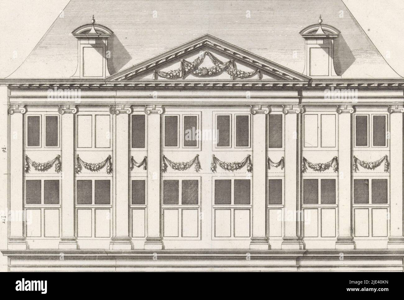 Frontage of a double house on the Oudezijds Voorburgwal in Amsterdam, Bastiaen Stopendael, after Philips Vinckboons (II), 1674, Frontage of the double house on the Oudezijds Voorburgwal 205-207 in Amsterdam. The house was designed by Philips Vingboons for Jan and Hendrik Schuyt in 1650., print maker: Bastiaen Stopendael, (mentioned on object), Philips Vinckboons (II), (mentioned on object), Amsterdam, 1674, paper, etching, engraving, h 373 mm × w 312 mm Stock Photo