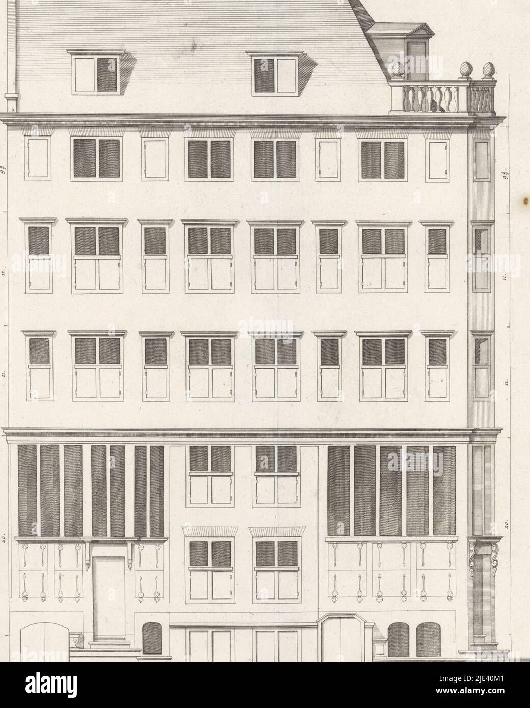 Facade of a dwelling house in Amsterdam, Bastiaen Stopendael, after Philips Vinckboons (II), 1674, Facade along the Tij(e) canal, now Prins Hendrikkade, built by order of Maarten Fransz. van der Schilde in 1649-1650. This building stood on the site of the present Shipping House. The house was designed by Philips Vingboons., print maker: Bastiaen Stopendael, (mentioned on object), Philips Vinckboons (II), (mentioned on object), Amsterdam, 1674, paper, etching, engraving, h 420 mm × w 291 mm Stock Photo