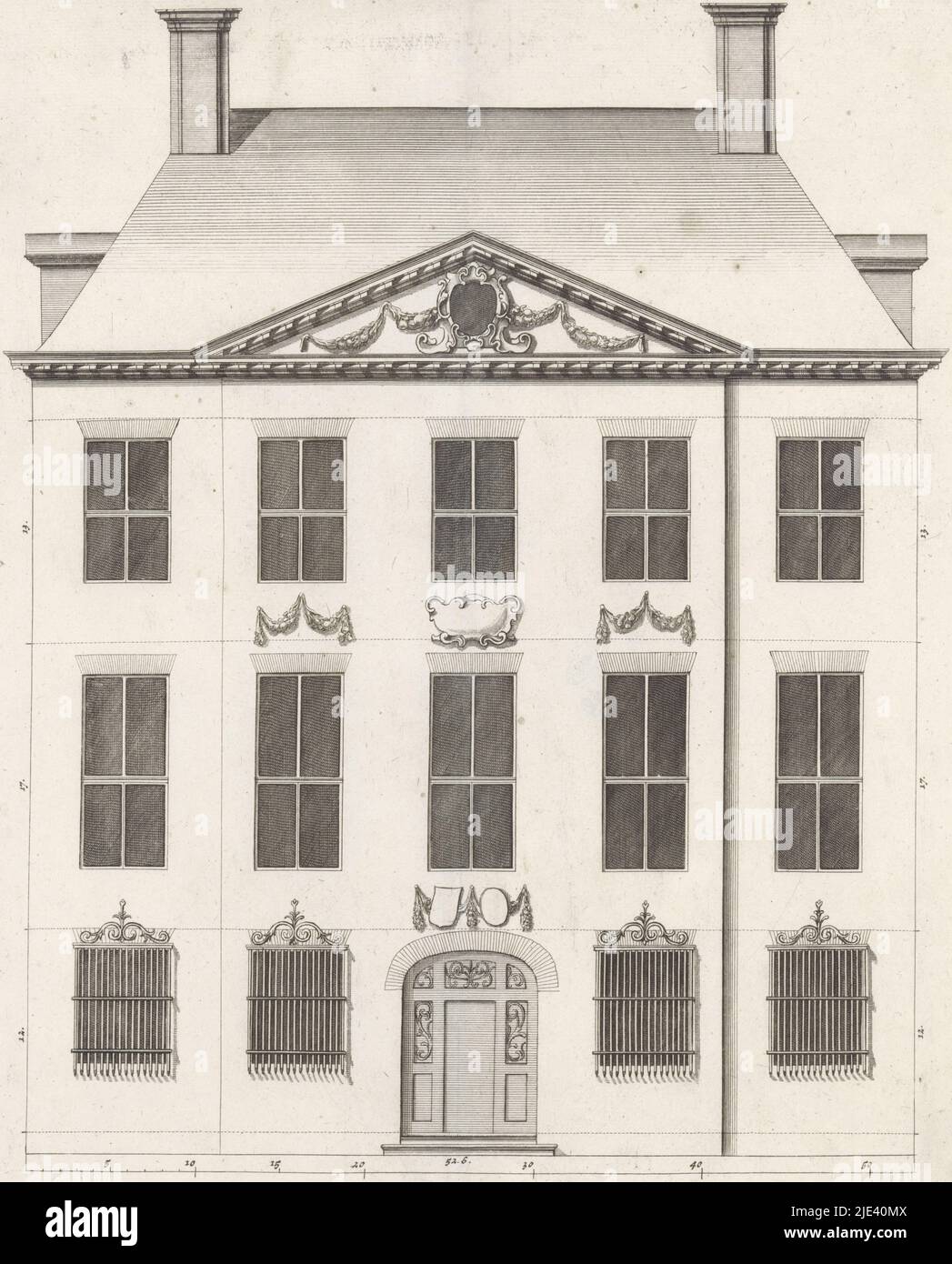 Frontage of a dwelling house on the Keizersgracht in Amsterdam, Bastiaen Stopendael, after Philips Vinckboons (II), 1674, Frontage of a dwelling house on the Keizersgracht in Amsterdam, commissioned by Isaak Jan Nijs in 1664-1666. The house was designed by Philips Vingboons., print maker: Bastiaen Stopendael, (mentioned on object), Philips Vinckboons (II), (mentioned on object), Amsterdam, 1674, paper, etching, engraving, h 369 mm × w 286 mm Stock Photo