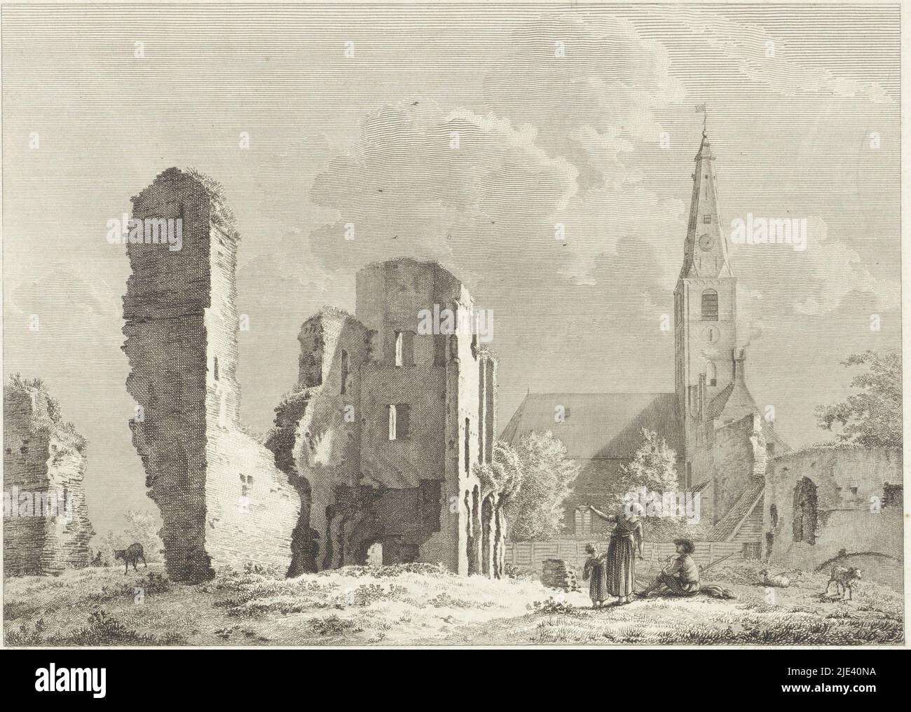 Ruins of the abbey at Rijnsburg, Joannes Pieter Visser Bender, after Pieter Bartholomeusz. Barbiers, 1812, View of the ruins of the abbey at Rijnsburg. In the foreground is a woman with a child in conversation with a seated farmer, pipe in hand and beside him a scythe., print maker: Joannes Pieter Visser Bender, (mentioned on object), intermediary draughtsman: Pieter Bartholomeusz. Barbiers, (mentioned on object), Haarlem, 1812, paper, etching, engraving, h 210 mm × w 270 mm Stock Photo