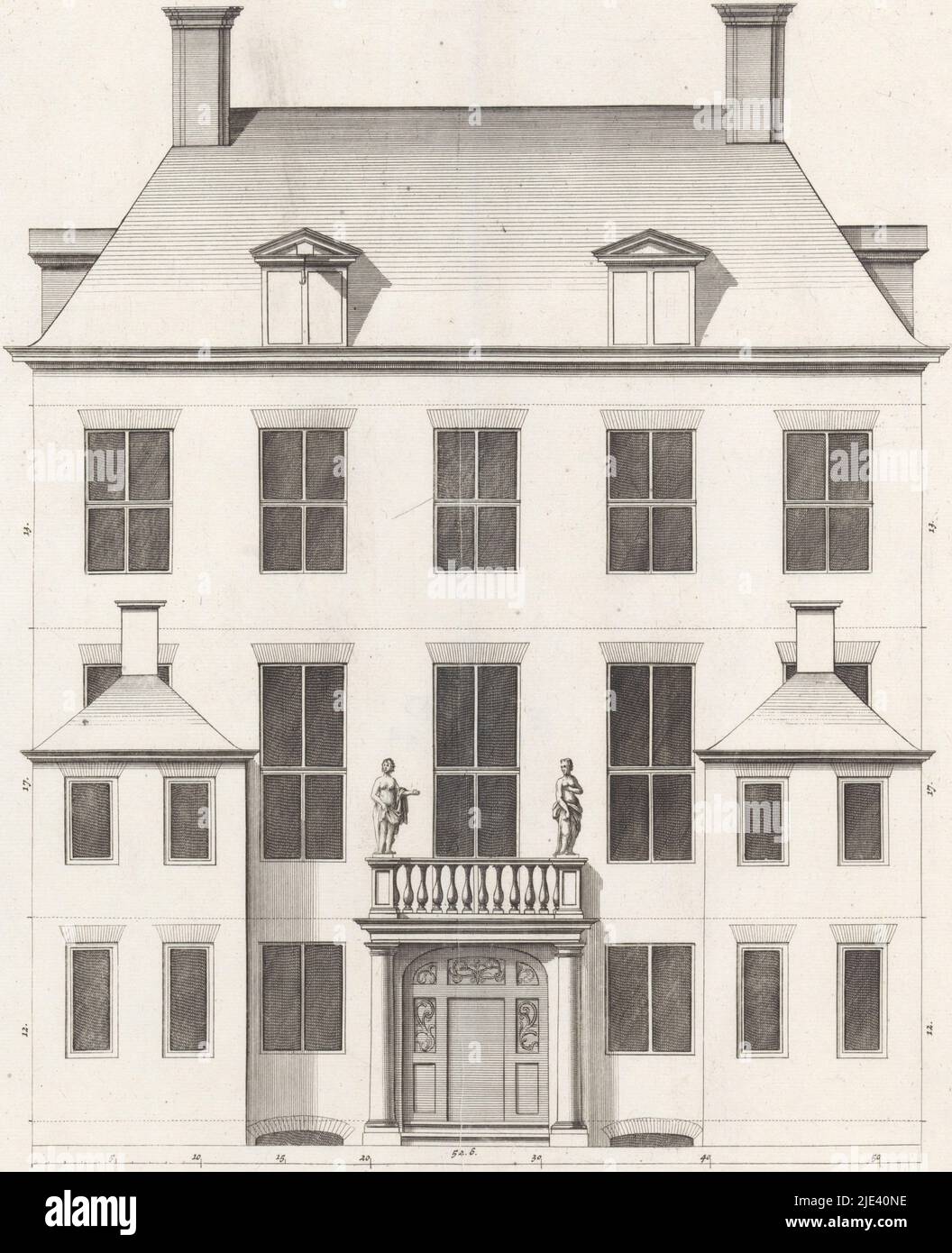 Back facade of a dwelling house on the Keizersgracht in Amsterdam, Bastiaen Stopendael, after Philips Vinckboons (II), 1674, Back facade of a dwelling house on the Keizersgracht in Amsterdam, built by Isaak Jan Nijs in 1664-1666. The house was designed by Philips Vingboons., print maker: Bastiaen Stopendael, (mentioned on object), Philips Vinckboons (II), (mentioned on object), Amsterdam, 1674, paper, etching, engraving, h 369 mm × w 290 mm Stock Photo