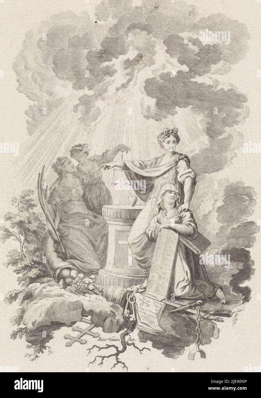 Title-print with four female personifications near a heart, Reinier Vinkeles (I), 1751 - 1816, Four female personifications illuminated by sunbeams stand near a pied-à-terre on which is a heart. A veiled woman, the personification of Faith, leans with her arm on a stone table while the personification of Truth places her hand on her mantel and tramples on a mask. The blindfolded personification of Justice holds up a pair of scales and wraps an arm around Prophecy, who carries a palm branch and the horn of plenty., print maker: Reinier Vinkeles (I), (mentioned on object), print maker: Fredrik Stock Photo