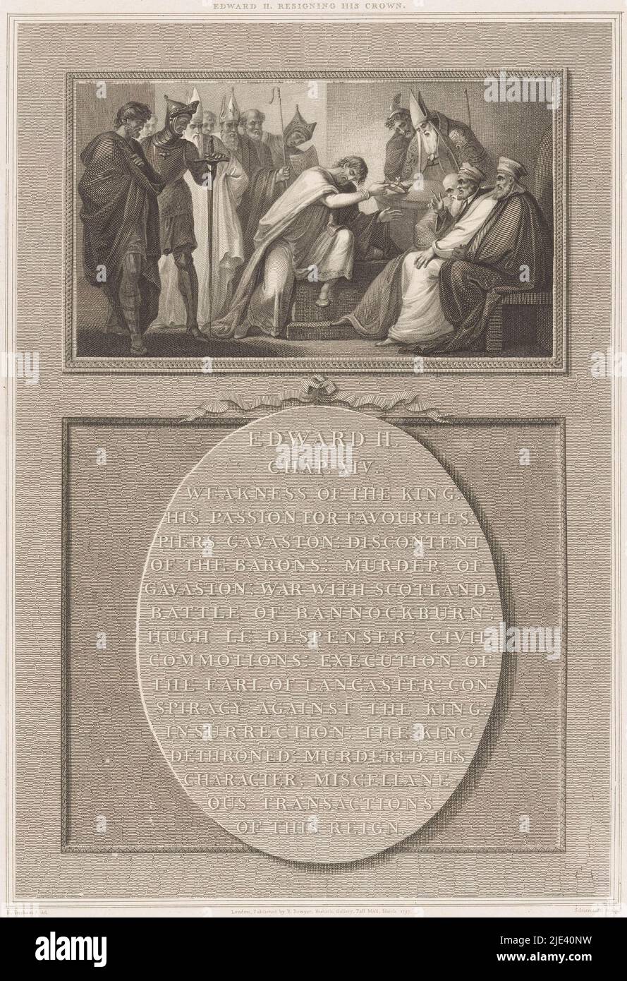 King Edward II of England relinquishing his crown, Luigi Schiavonetti, after Henry Tresham, 1797, Top: King Edward II of England relinquishing his crown. To the right an archbishop and three seated gentlemen. To the left, a knight and other watching figures. Below: fifteen lines of English text in an oval., print maker: Luigi Schiavonetti, (mentioned on object), intermediary draughtsman: Henry Tresham, (mentioned on object), publisher: Robert Bowyer, (mentioned on object), London, 1797, paper, etching, engraving, h 486 mm × w 370 mm Stock Photo