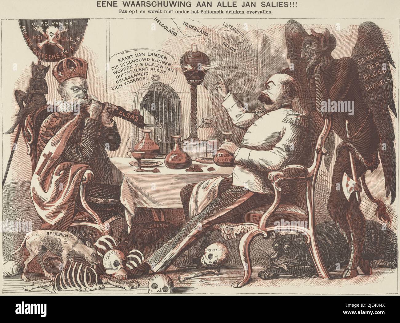 Cartoon on Kaiser Wilhelm I and Bismarck, 1870, anonymous, 1870, Cartoon on bloodthirstiness of Kaiser Wilhelm I and Otto von Bismarck, 1870. Kaiser Wilhelm sits at table with Bismarck on one leg 'Elsas' coloring. On the table are carafes of Danish, Austrian, and French blood. On the floor are skulls and bones from earlier meals. Behind Bismarck's chair, the devil looks on approvingly. In the caption the conversation between Kaiser Wilhelm, Bismarck and the devil., print maker: anonymous, publisher: Jacobus George Robbers, (mentioned on object), print maker: Netherlands, publisher: Rotterdam Stock Photo