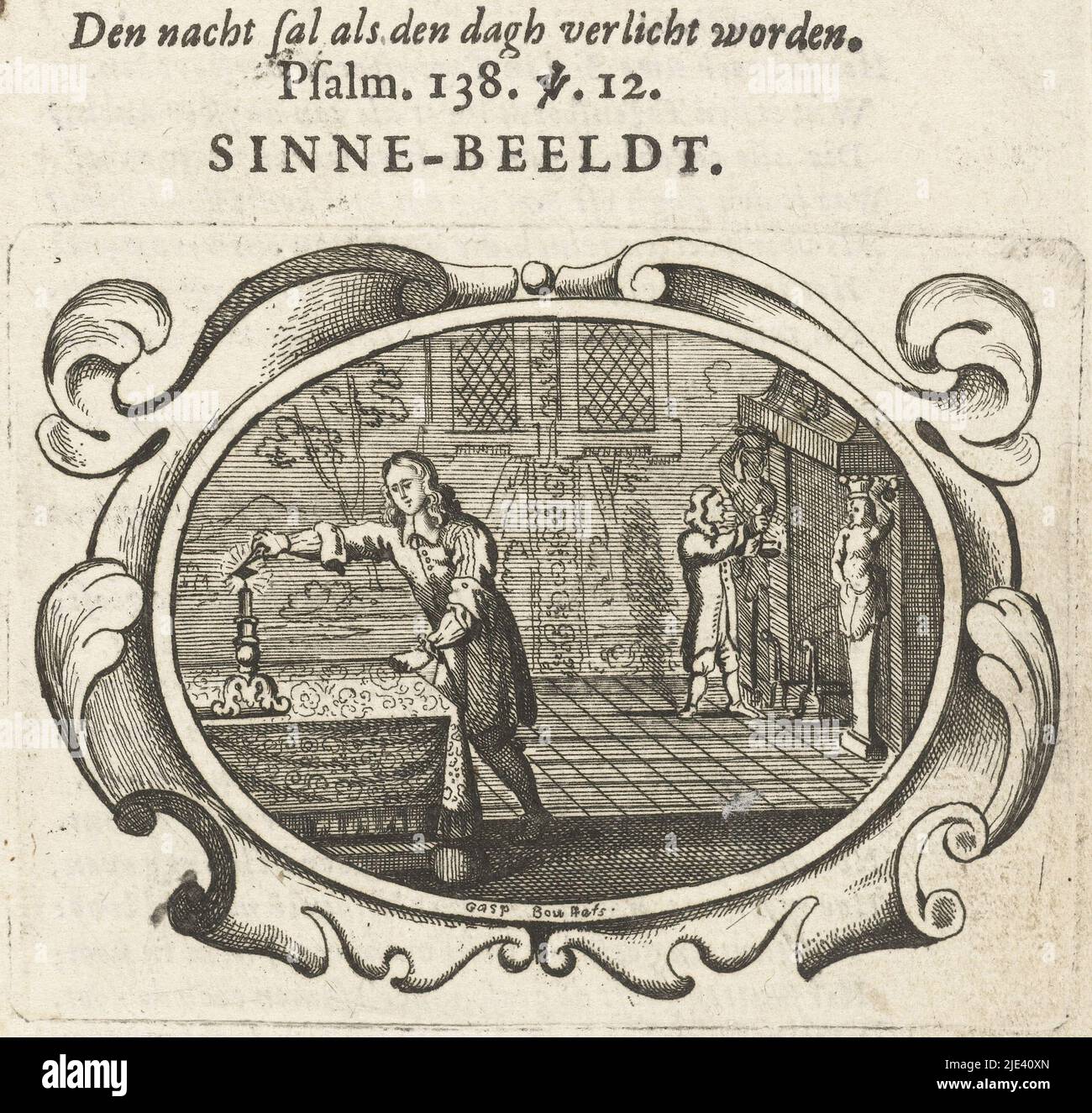 Adversity gives light in the darkness, Gaspar Bouttats, 1679, Page from a book (p. 47) with text on verso. In an oval cartouche the interior of a room. Two men light several candles, illuminating the room. Above the cartouche the title (motto) of the print and a quotation from the Bible (Psalm 138:12). Below the print a caption, 'It is my utility, Word' ick gesnut.' and a description explains: Adversity is part of life as much as prosperity, just as day and night follow each other. Darkness causes us to light candles, and through adversity we remember God and let His light burn within us Stock Photo