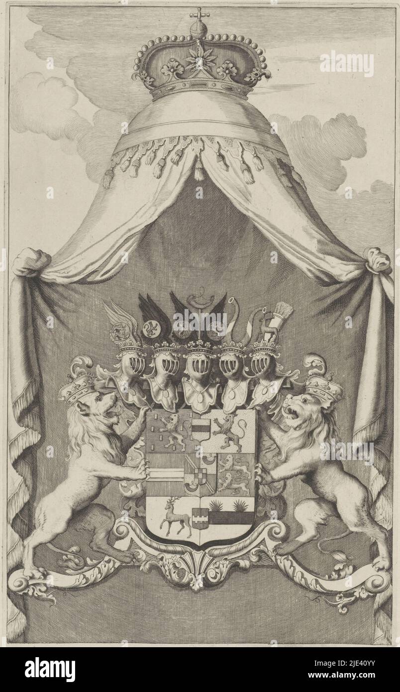 Coat of arms of Ernst Casimir, Willem Frederik and Hendrik Casimir II, Counts of Nassau-Dietz, anonymous, 1600 - 1699, Coat of arms of Ernst Casimir, Willem Frederik and Hendrik Casimir II with five helmets and two lions. Surrounding them is a cloak with a crown., print maker: anonymous, Low Countries, 1600 - 1699, paper, engraving, etching, h 394 mm × w 241 mm Stock Photo